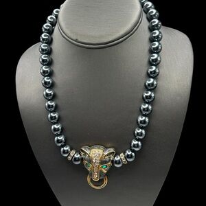 Signed KJL for Avon Faux Black Pearl Enameled Panther Necklace